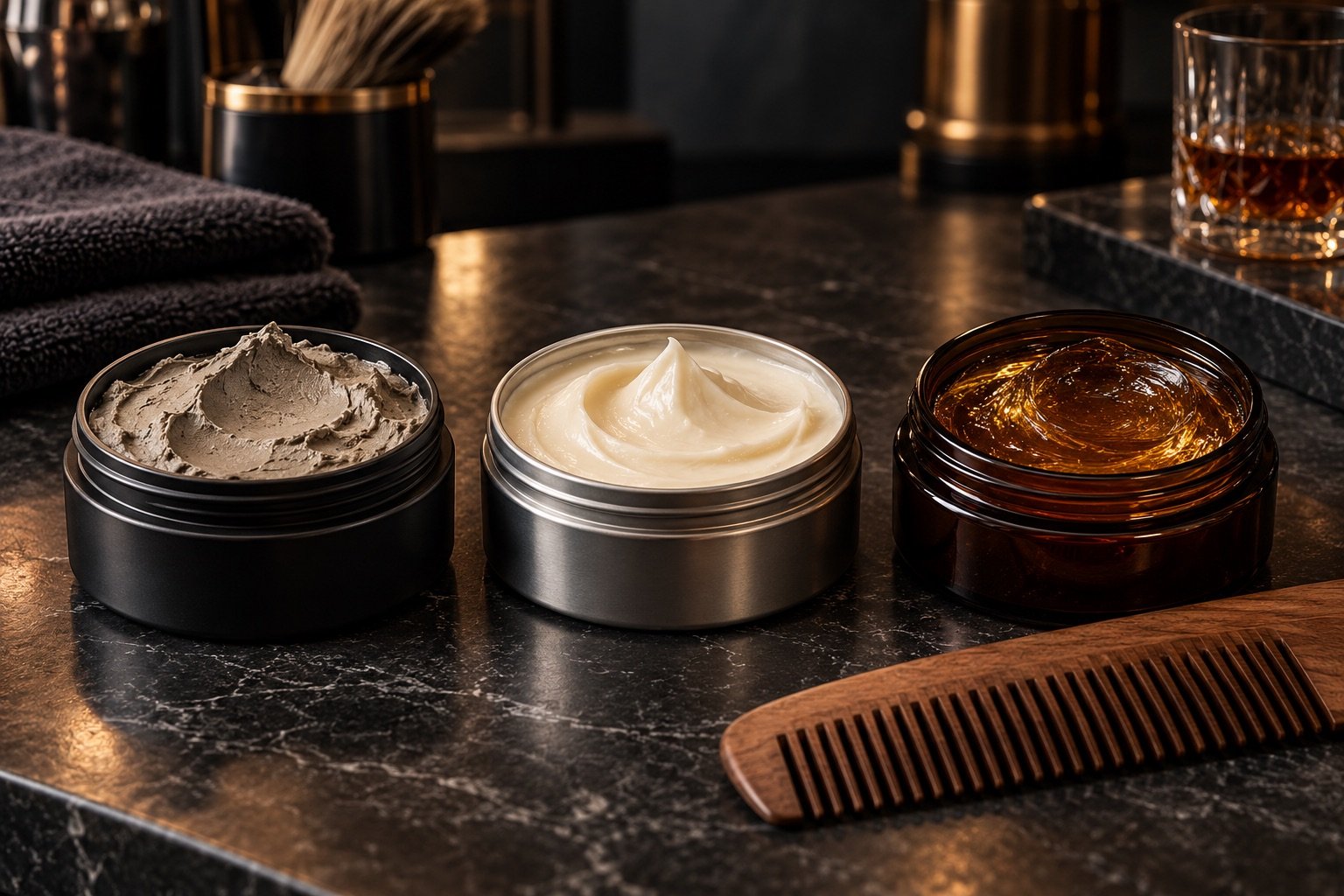 Tipos de pomada fosca, cremosa e com brilho para cabelo masculino