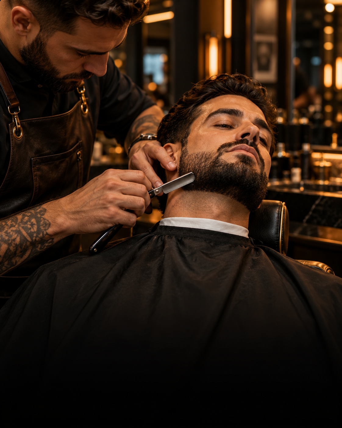 Barbeiro finalizando a barba de um cliente na Hair Boys